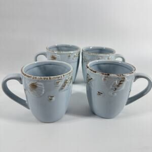 Set Of 4 Nantucket Home Pottery Blue Seashell Beach Seahorse Coffee Mugs Beach